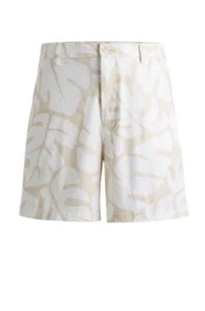 Hugo Boss Regular-fit Shorts In Printed Stretch-cotton Twill In White