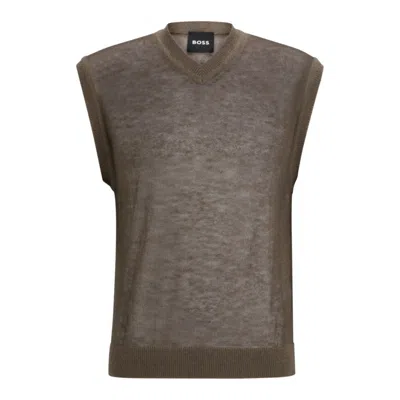 Hugo Boss Regular-fit Sleeveless Sweater In A Translucent Knit In Light Beige