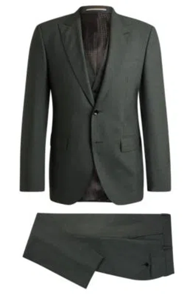 Hugo Boss Regular-fit Three-piece Suit In Melange Virgin Wool In Light Green