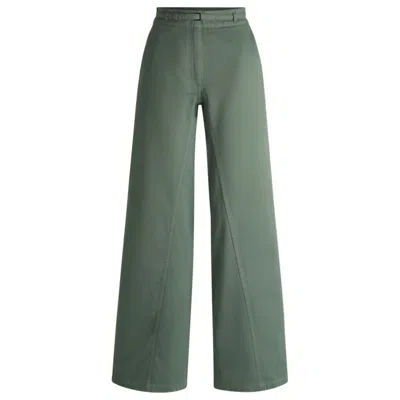 Hugo Boss Regular-fit Wide-leg Trousers In Cotton Twill In Green