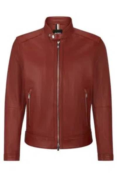 Hugo Boss Regular-fit Zip-up Jacket In Grained Leather In Light Brown