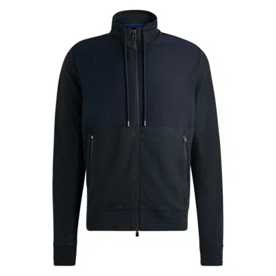 Hugo Boss Regular-fit Zipped Sweatshirt In Mixed Materials In Blue