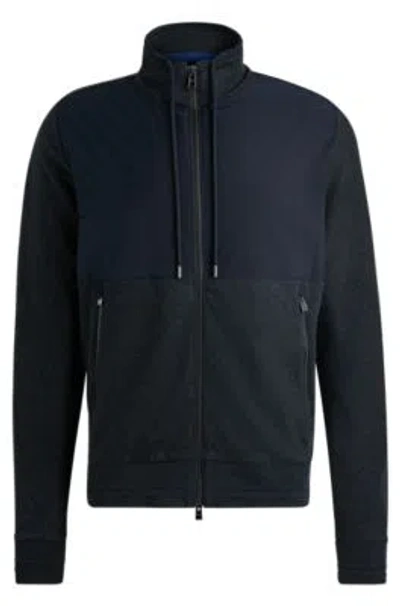 Hugo Boss Regular-fit Zipped Sweatshirt In Mixed Materials In Dark Blue