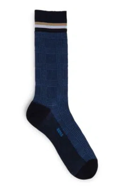 Hugo Boss Regular-length Checked Socks In Mercerized Stretch Cotton In Blue