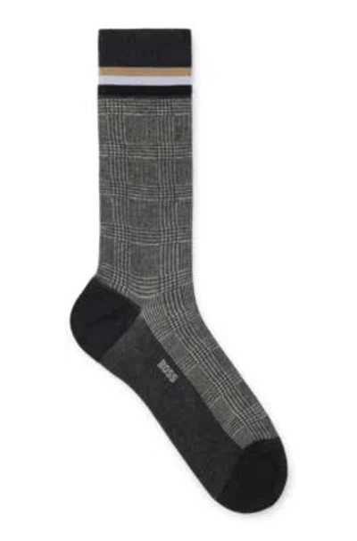 Hugo Boss Regular-length Checked Socks In Mercerized Stretch Cotton In Dark Grey
