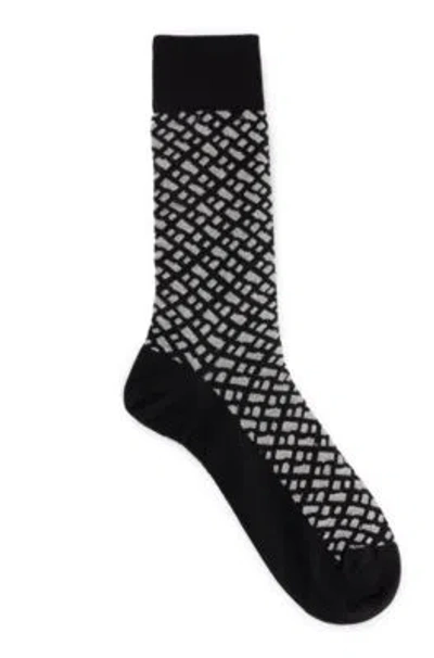Hugo Boss Regular-length Socks With Silver-effect Monogram Pattern In Black
