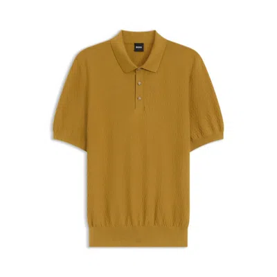 Hugo Boss Regular-fit Knit Polo In Structured Fabric In Gold