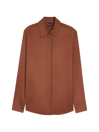 Hugo Boss Regular-fit Satin-finish Blouse In Brown