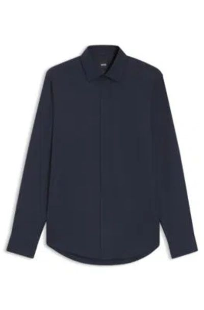 Hugo Boss Slim-fit Shirt In Italian-made Performance-stretch Jersey In Blue