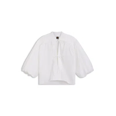 Hugo Boss Relaxed-fit Blouse In Cotton Poplin With Tie Neckline In White