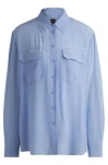 Hugo Boss Relaxed-fit Blouse In Sandwashed Canvas With Point Collar In Blue