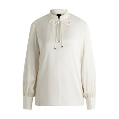 Hugo Boss Relaxed-fit Blouse In Stretch Silk With Keyhole Neckline In White