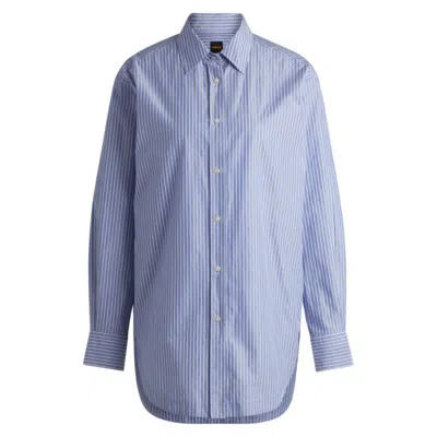 Hugo Boss Relaxed-fit Blouse In Striped Poplin In Blue