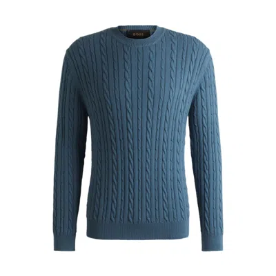 Hugo Boss Relaxed-fit Cable-knit Sweater In Cotton And Cashmere In Blue