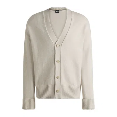 Hugo Boss Relaxed-fit Cardigan With Button Front And Ribbed Cuffs In White