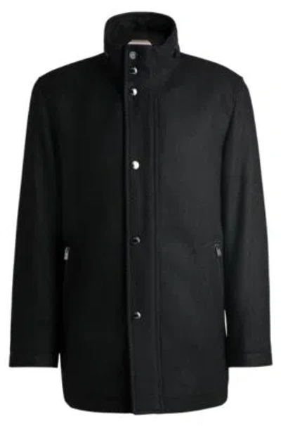 Hugo Boss Relaxed-fit Coat In Micro-patterned Wool In Black