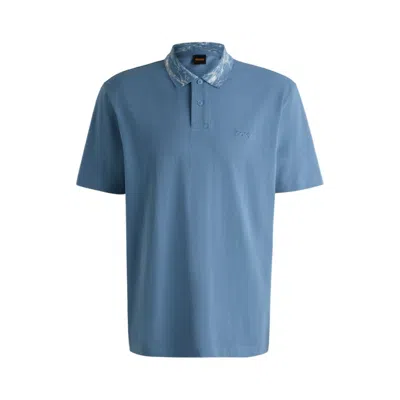 Hugo Boss Relaxed-fit Cotton-piqué Polo Shirt With Collar Artwork In Blue