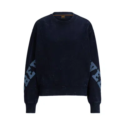 Hugo Boss Relaxed-fit Cotton Sweatshirt With Embroidered Slogan In Blue