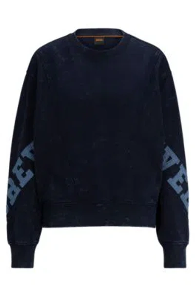 Hugo Boss Relaxed-fit Cotton Sweatshirt With Embroidered Slogan In Dark Blue