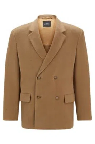 Hugo Boss Relaxed-fit Double-breasted Jacket In Cotton Twill In Brown