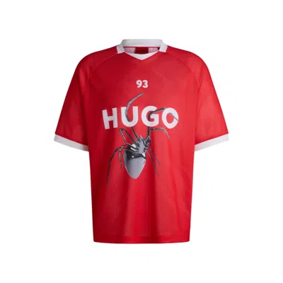 Hugo Boss Relaxed-fit Football-style Mesh T-shirt With Seasonal Print In Pink
