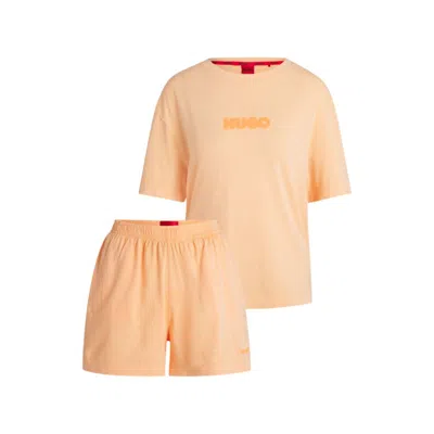 Hugo Boss Relaxed-fit Printed Pajamas In Cotton With Blurred Logos In Orange