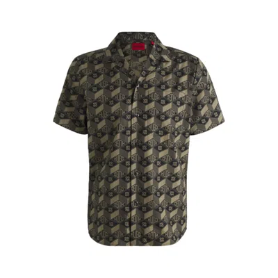 Hugo Boss Relaxed-fit Shirt In Cotton With Geometric-logo Print In Black
