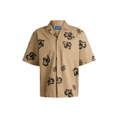 Hugo Boss Relaxed-fit Shirt In Hibiscus-print Stretch Cotton In Beige