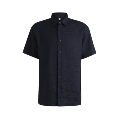 Hugo Boss Relaxed-fit Shirt In Italian Linen Seersucker In Blue