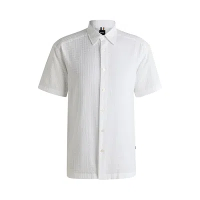 Hugo Boss Relaxed-fit Shirt In Waffle-structured Cotton In White