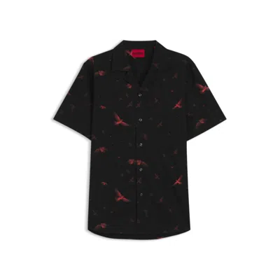 Hugo Boss Relaxed-fit Shorts In Printed Cotton Poplin In Black