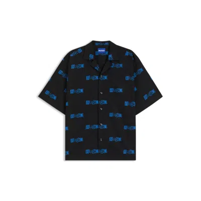 Hugo Boss Relaxed-fit Shorts In Printed Cotton Poplin In Black