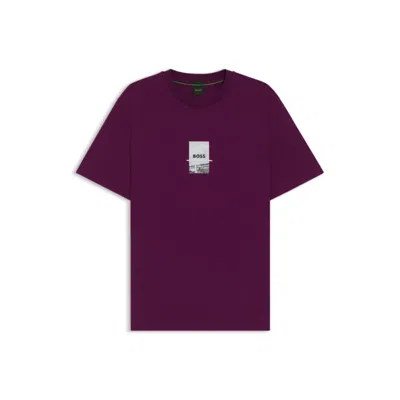 Hugo Boss Relaxed-fit T-shirt In Stretch Cotton With Photo Print In Purple