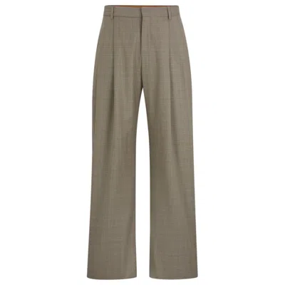 Hugo Boss Relaxed-fit Trousers In Checked Virgin-wool Serge In Beige