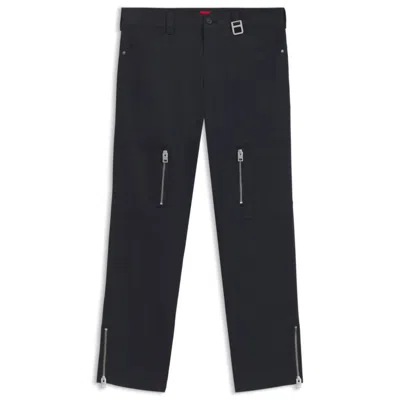 Hugo Boss Relaxed-fit Trousers In Mercerized Herringbone Cotton In Black