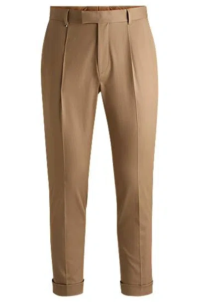 Hugo Boss Relaxed-fit Trousers In Stretch Fabric With Pleat Front In Beige