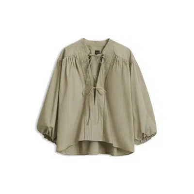 Hugo Boss Relaxed-fit Cotton-poplin Blouse With Balloon Sleeves In Green