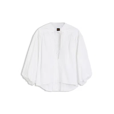 Hugo Boss Relaxed-fit Cotton-poplin Blouse With Balloon Sleeves In White