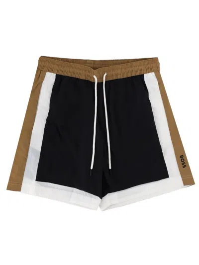Hugo Boss Nylon Beach Shorts Elastic Waistband Pockets In Black