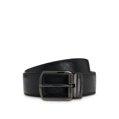Hugo Boss Reversible Belt In Monogrammed And Structured Italian Leather In Black
