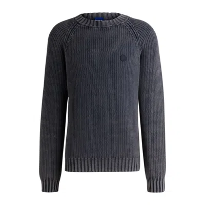 Hugo Boss Rib-knit Cotton Sweater With Happy Hugo Logo Badge In Blue