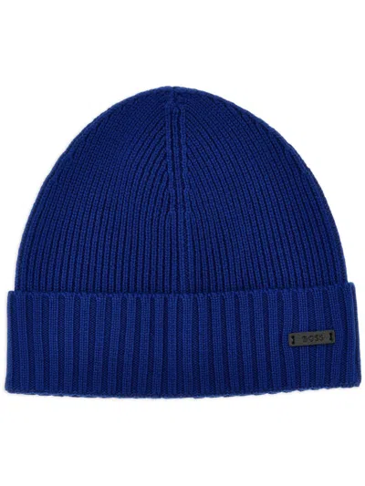Hugo Boss Ribbed Beanie Hat In Blue