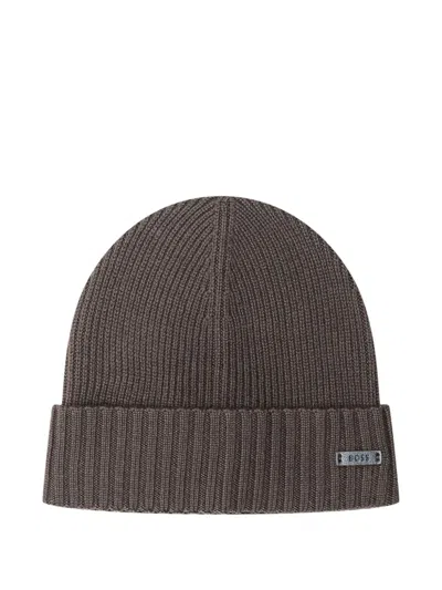 Hugo Boss Ribbed Beanie Hat In Brown