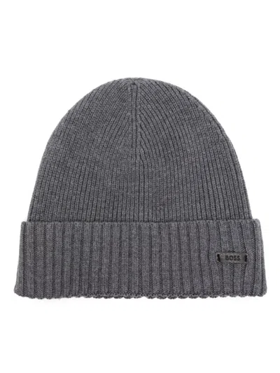 Hugo Boss Ribbed Beanie Hat In Grey