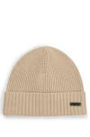 Hugo Boss Ribbed Beanie Hat In Virgin Wool In Light Beige