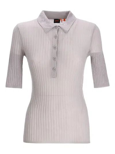 Hugo Boss Ribbed Button Polo Top In Neutral