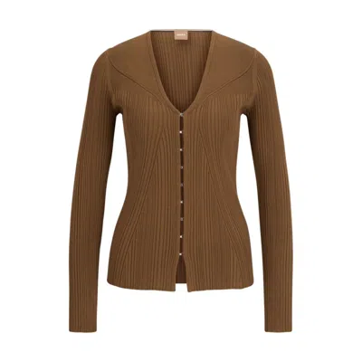 Hugo Boss Ribbed Cardigan In Stretch Fabric With Hook Closures In Brown