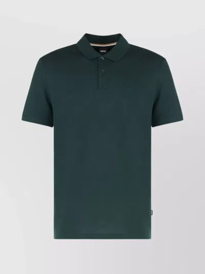 Hugo Boss Ribbed Collar Polo Shirt With Side Slits In Green