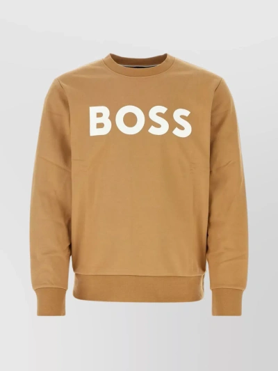 Hugo Boss Ribbed Crew-neck Cotton Sweater In Brown