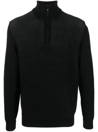 Hugo Boss Ribbed Full-zip Cardigan In Black